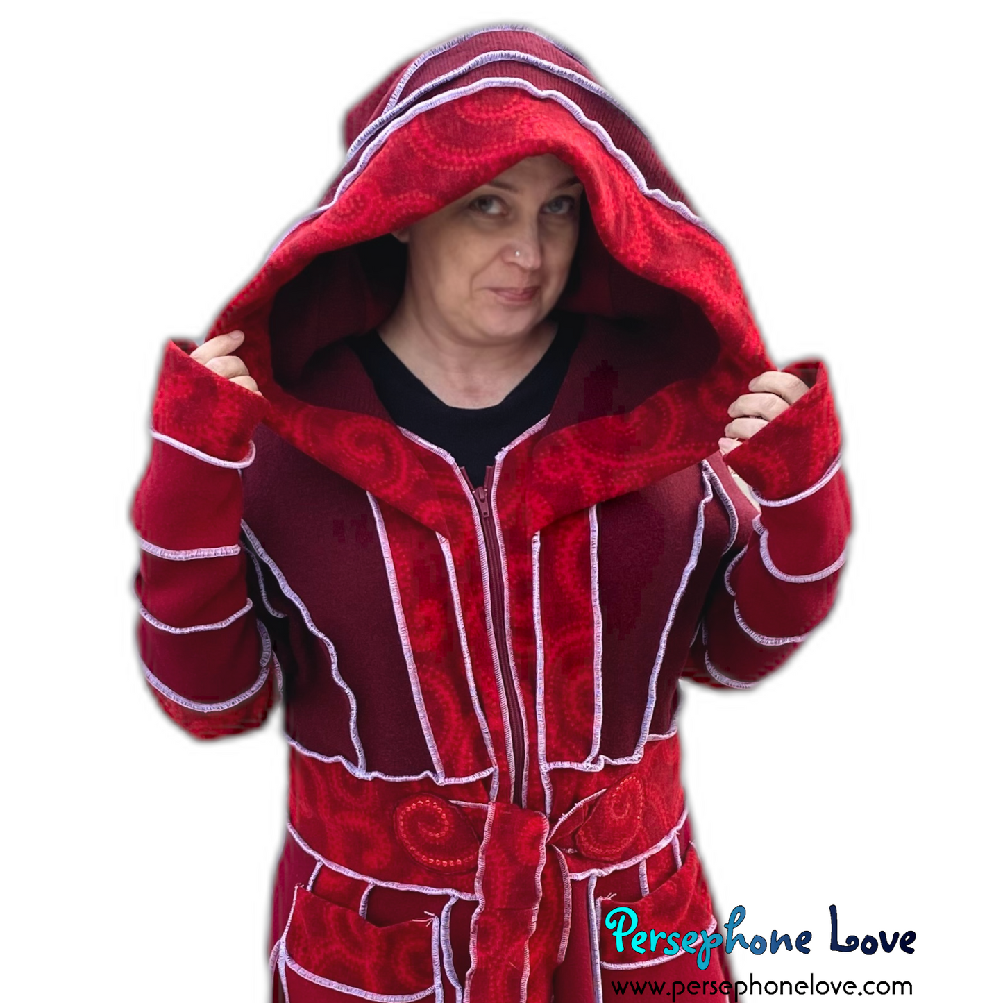 “Utopia” Red pixie felted 100% cashmere/fleece Katwise-inspired sequin sweatercoat-2552