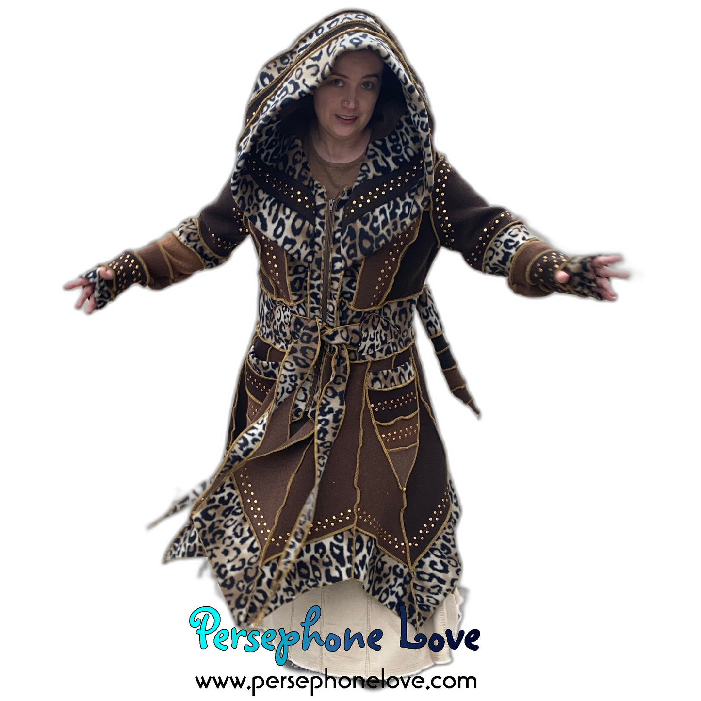 “Madazulu" GODDESS SIZE Brown pixie felted cashmere/fleece Katwise-inspired sequin sweatercoat-2557
