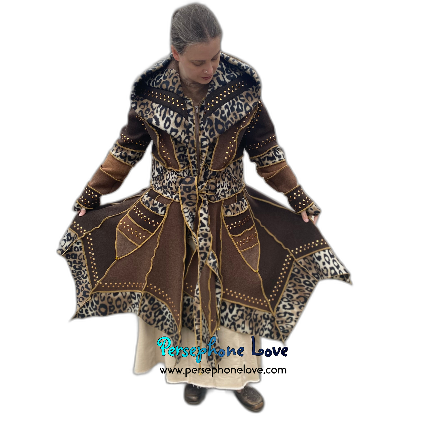 “Madazulu" GODDESS SIZE Brown pixie felted cashmere/fleece Katwise-inspired sequin sweatercoat-2557