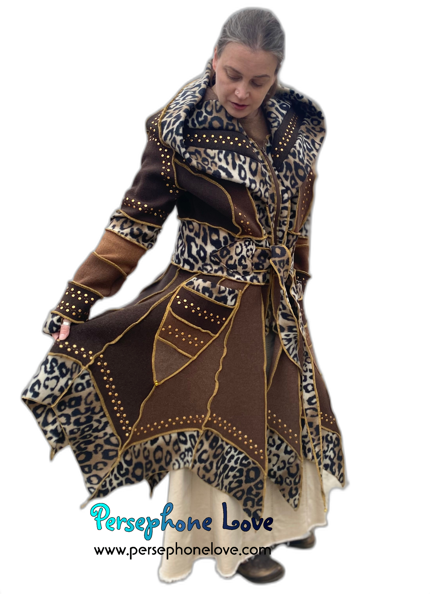 “Madazulu" GODDESS SIZE Brown pixie felted cashmere/fleece Katwise-inspired sequin sweatercoat-2557