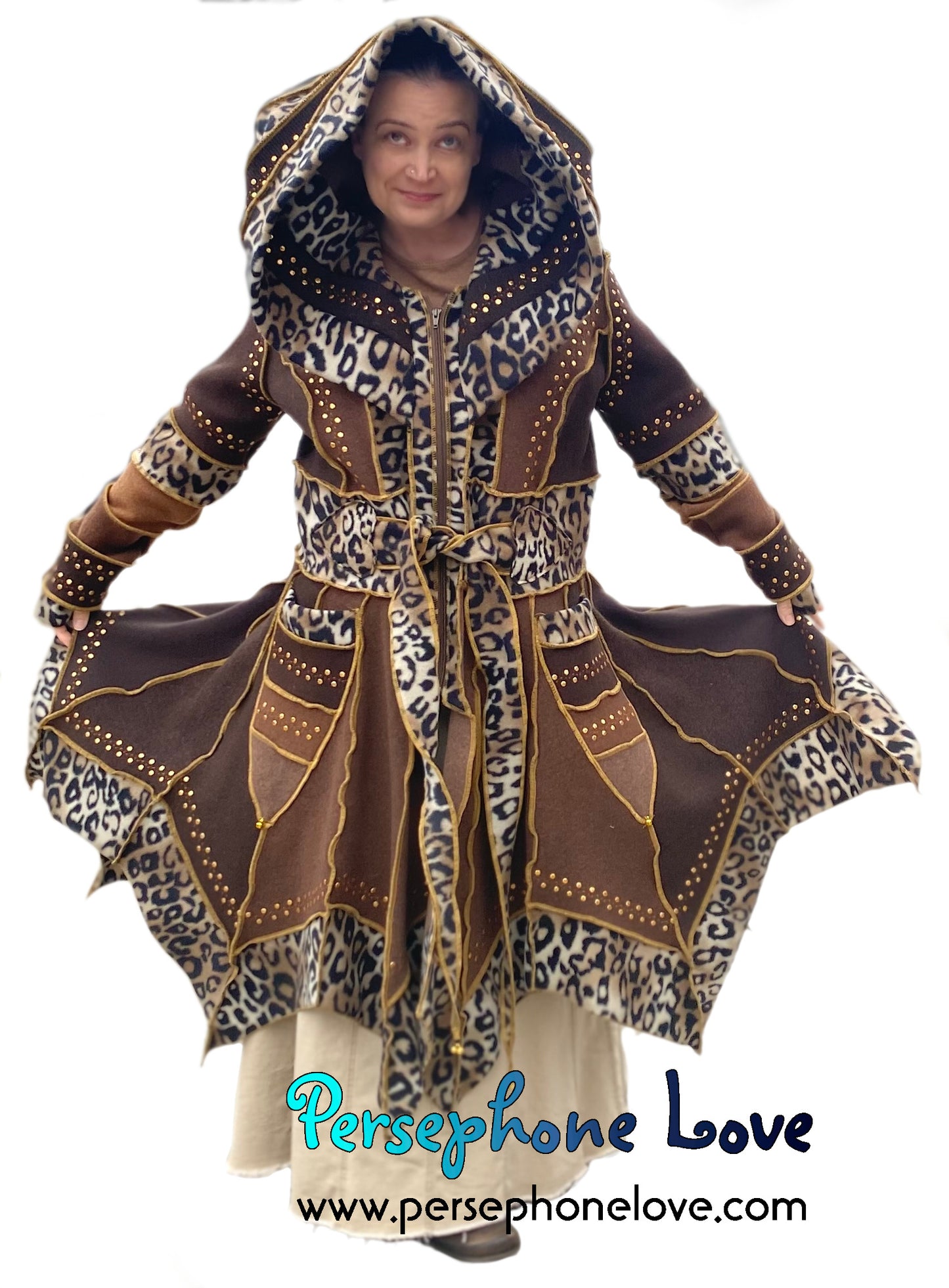 “Madazulu" GODDESS SIZE Brown pixie felted cashmere/fleece Katwise-inspired sequin sweatercoat-2557