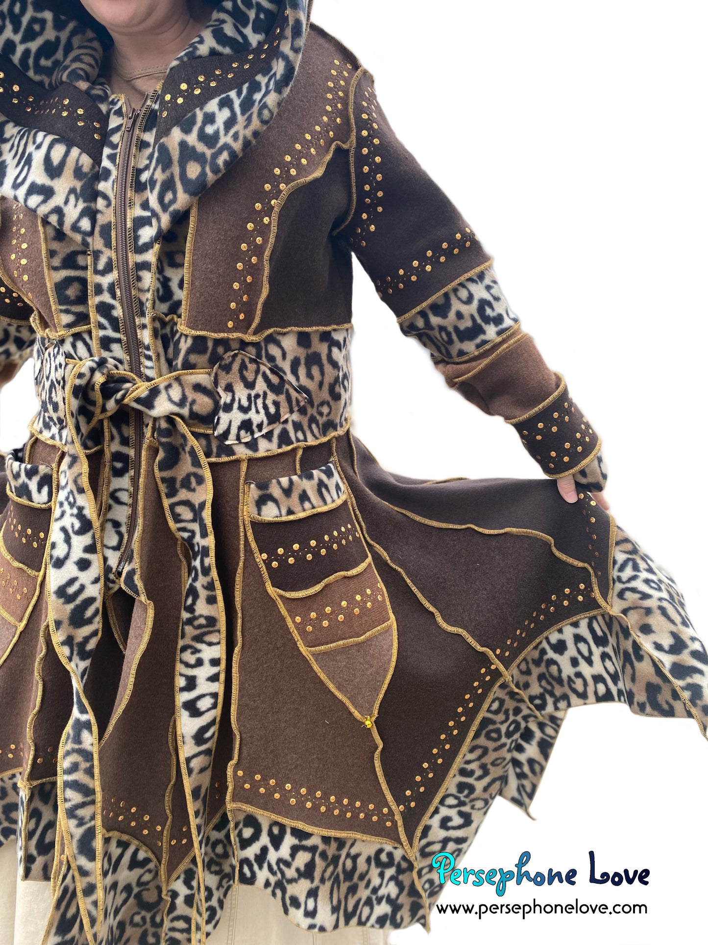 “Madazulu" GODDESS SIZE Brown pixie felted cashmere/fleece Katwise-inspired sequin sweatercoat-2557