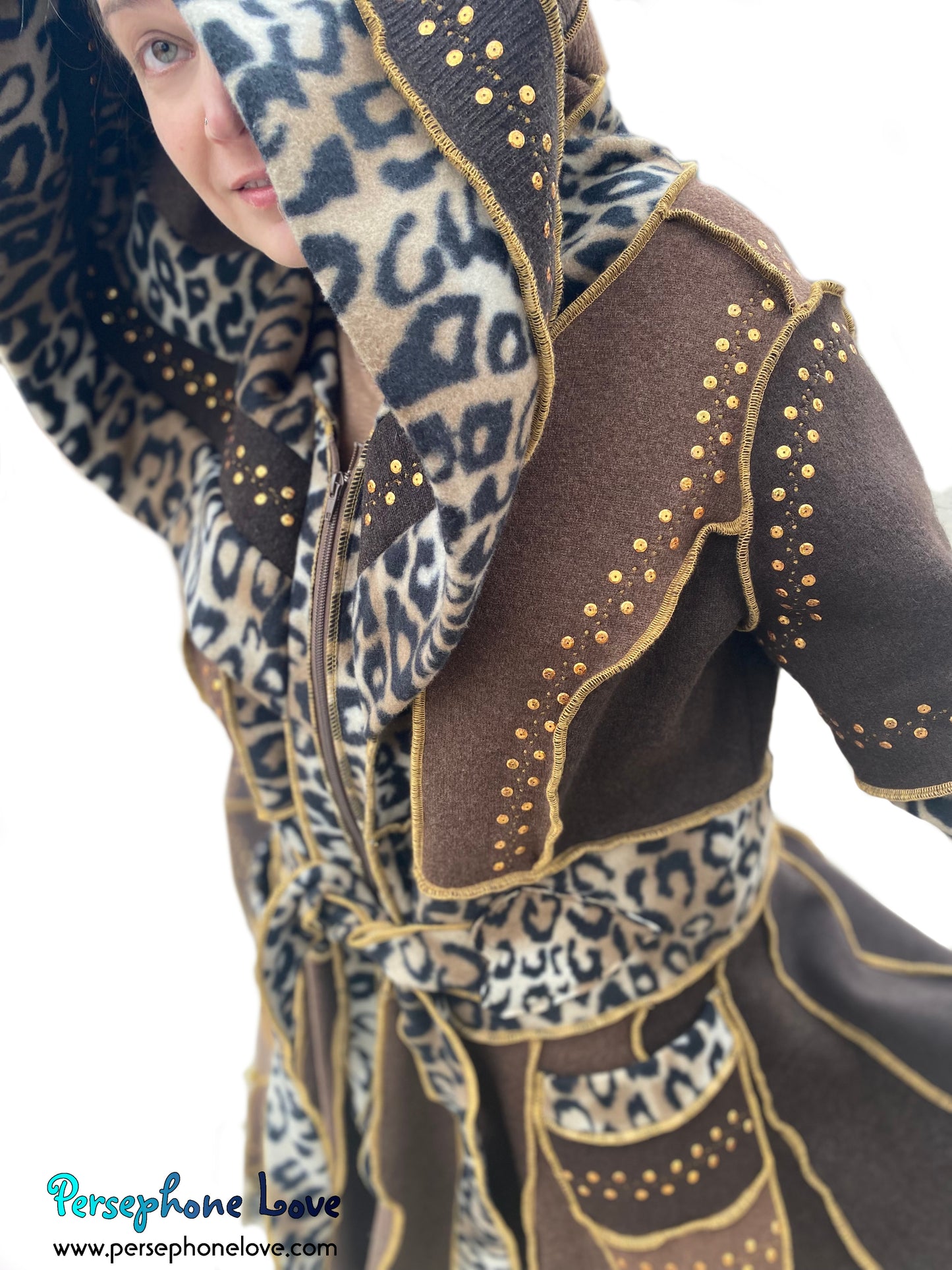 “Madazulu" GODDESS SIZE Brown pixie felted cashmere/fleece Katwise-inspired sequin sweatercoat-2557