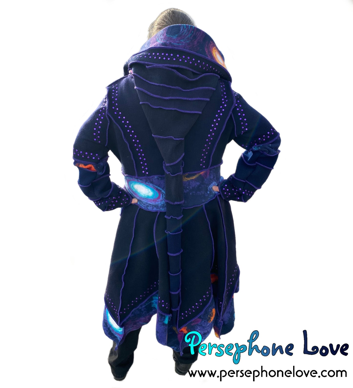 "Supernova" Blue galaxy pixie felted cashmere/wool/fleece Katwise-inspired sequin sweatercoat-2565