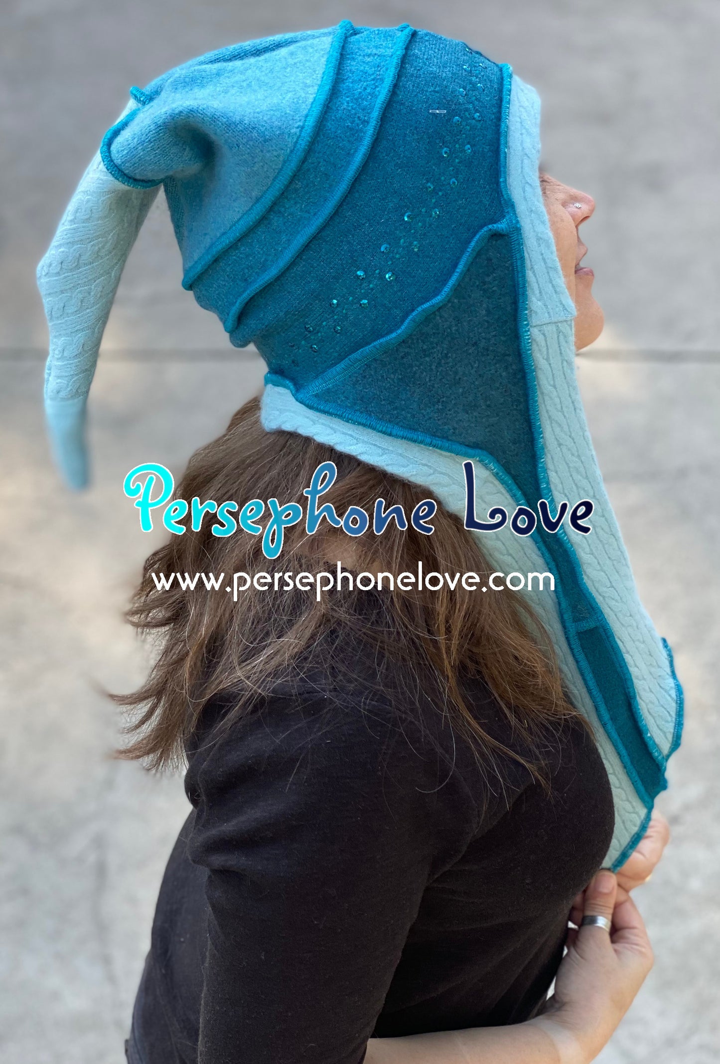 Katwise inspired teal felted 100% cashmere recycled patchwork sweater jester hat-1433