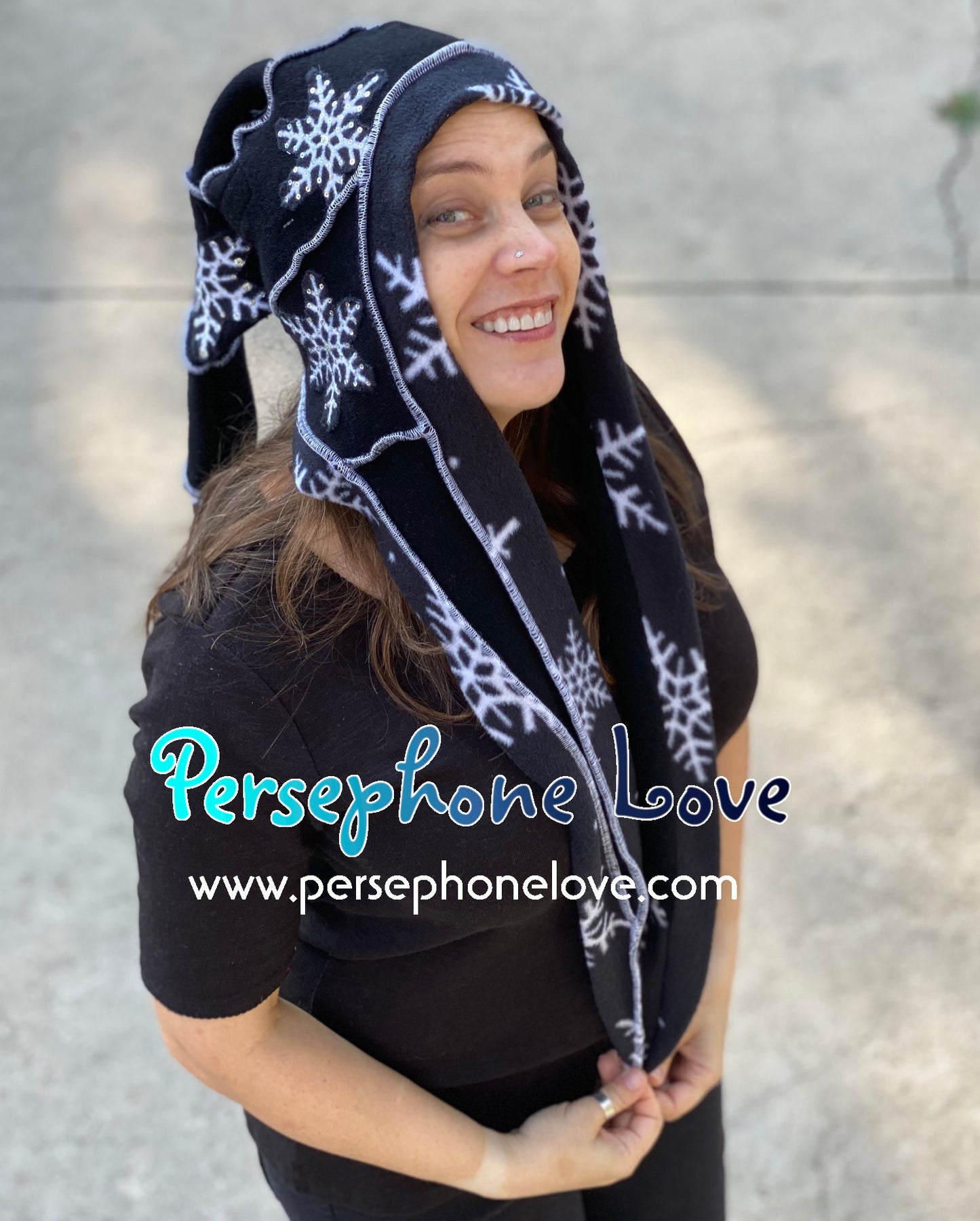 Katwise inspired black white snowflake felted 100% cashmere/fleece sequin recycled sweater elf hat-1439
