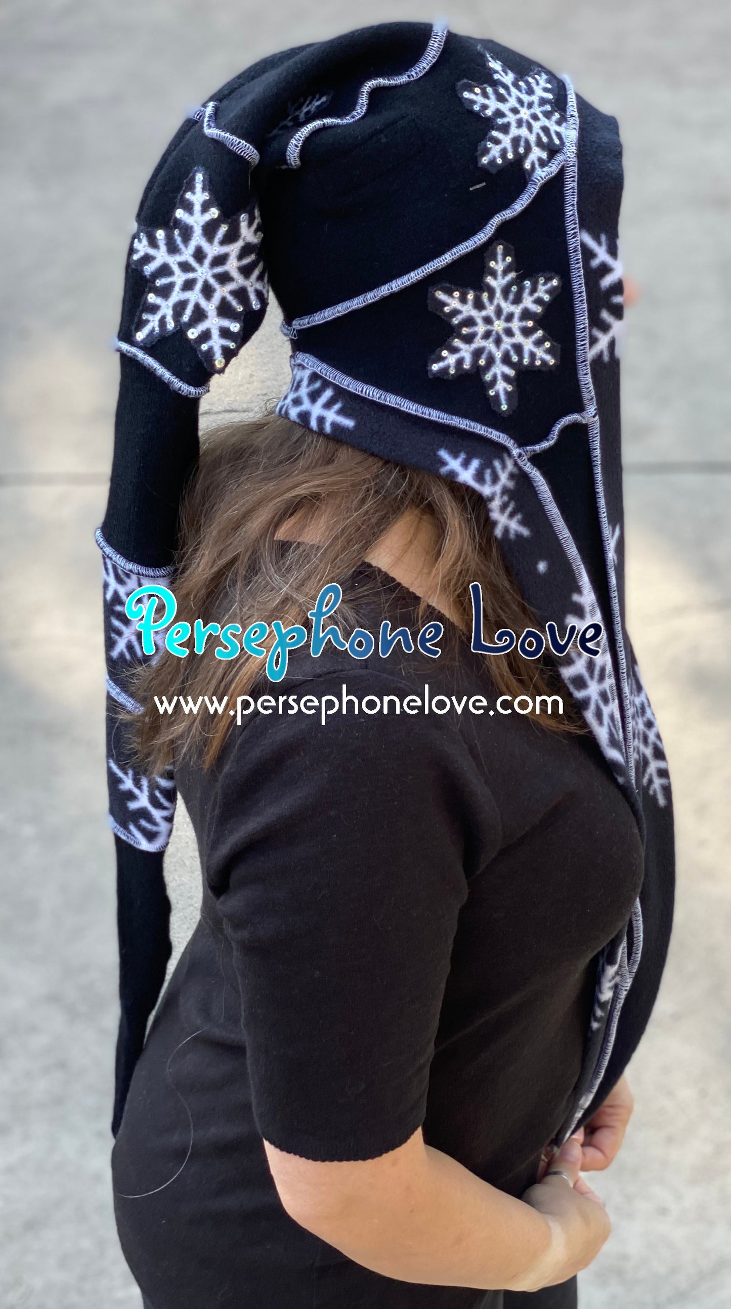 Katwise inspired black white snowflake felted 100% cashmere/fleece sequin recycled sweater elf hat-1439