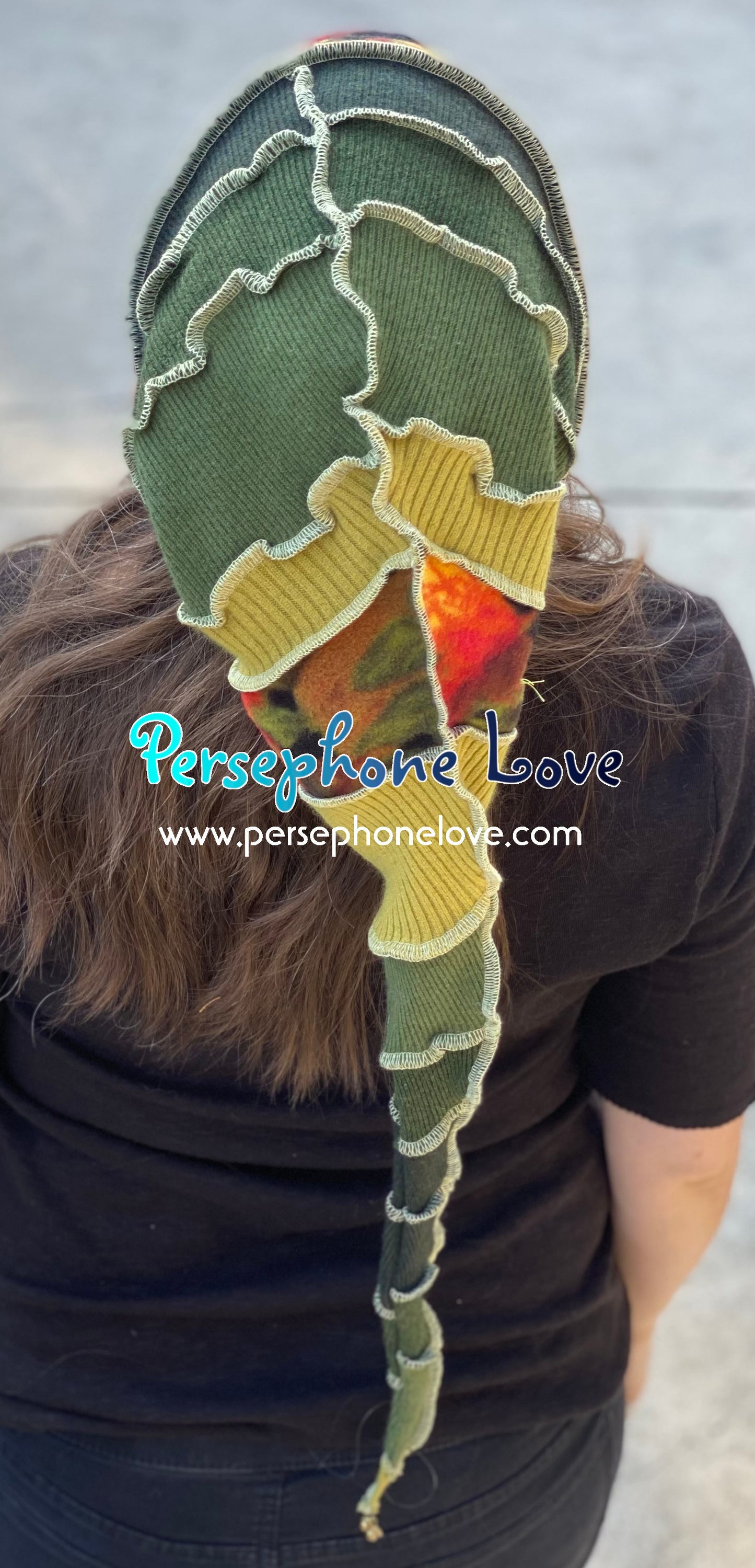 Katwise inspired green 100% cashmere/fleece patchwork elf jester hat-1480