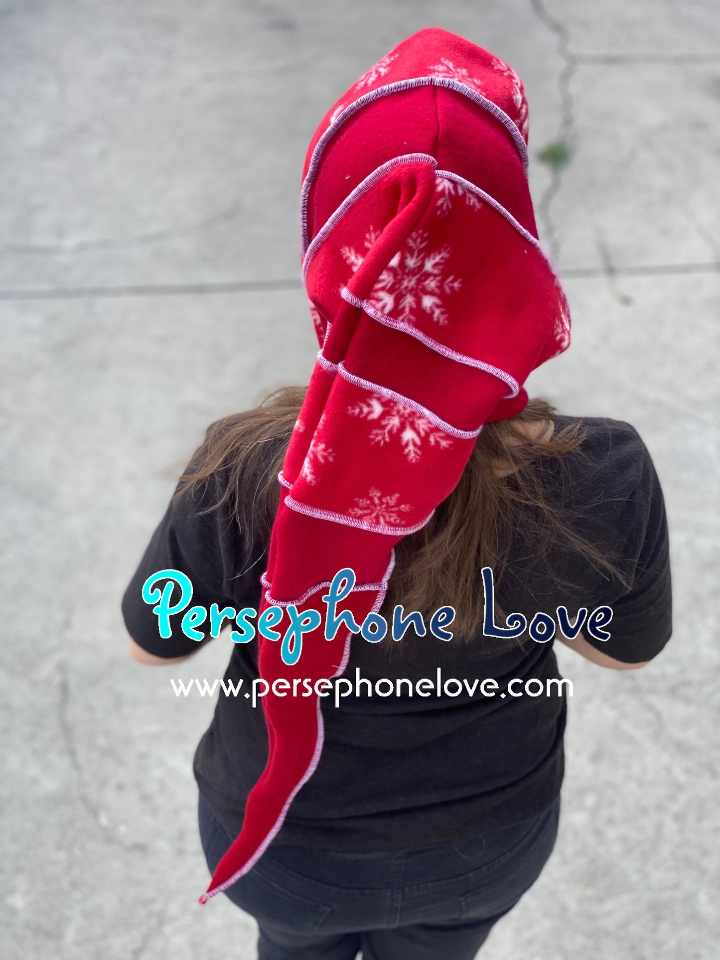 Katwise inspired red white snowflake felted 100% cashmere recycled sweater elf hat/hood-1445