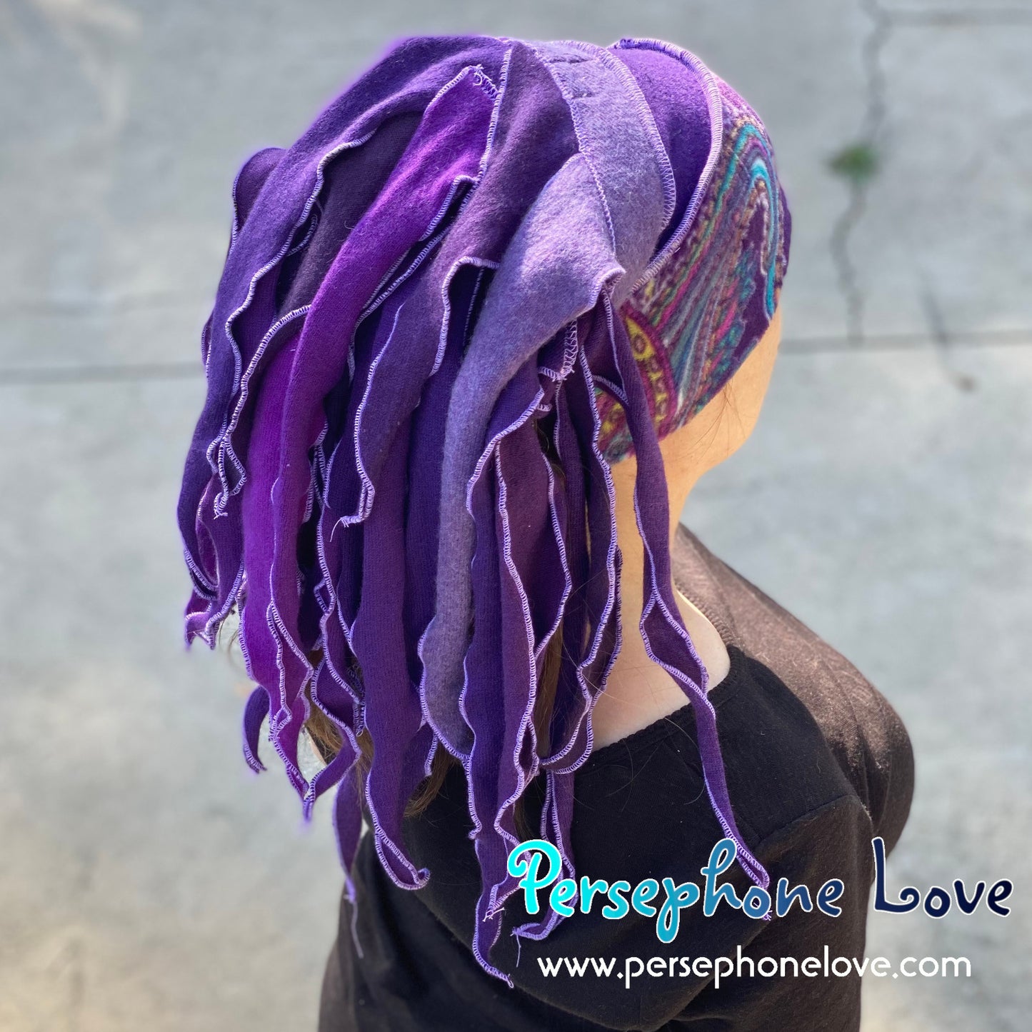 Katwise inspired purple paisley felted 100% cashmere/fleece recycled sweater dreadlock hat-1458