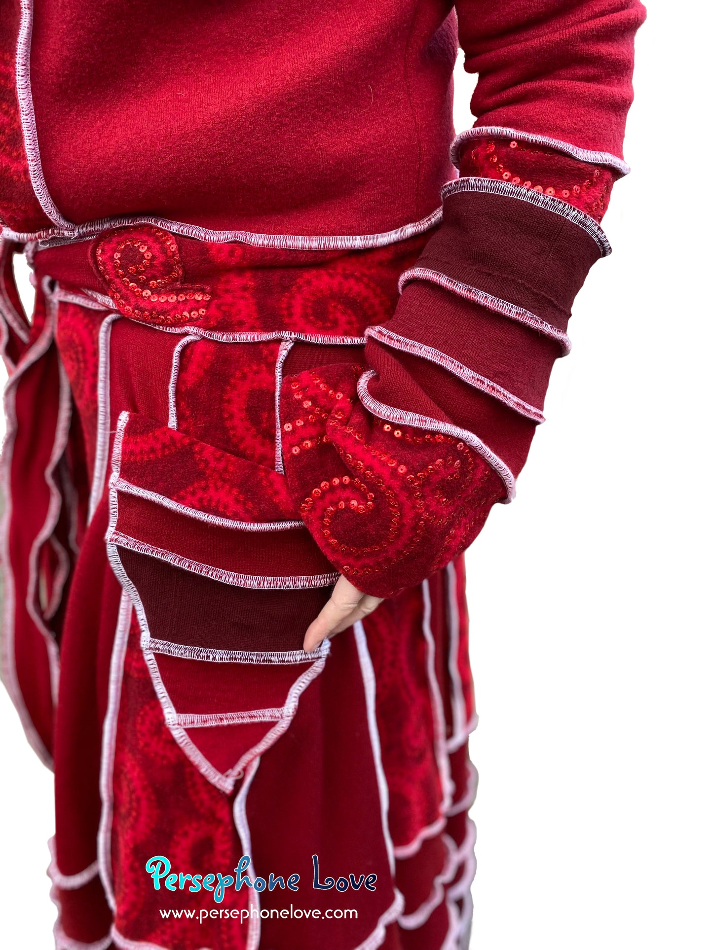 "Stay" Maroon red swirl pattern felted wool/cashmere patchwork Katwise-inspired sweatercoat-2507