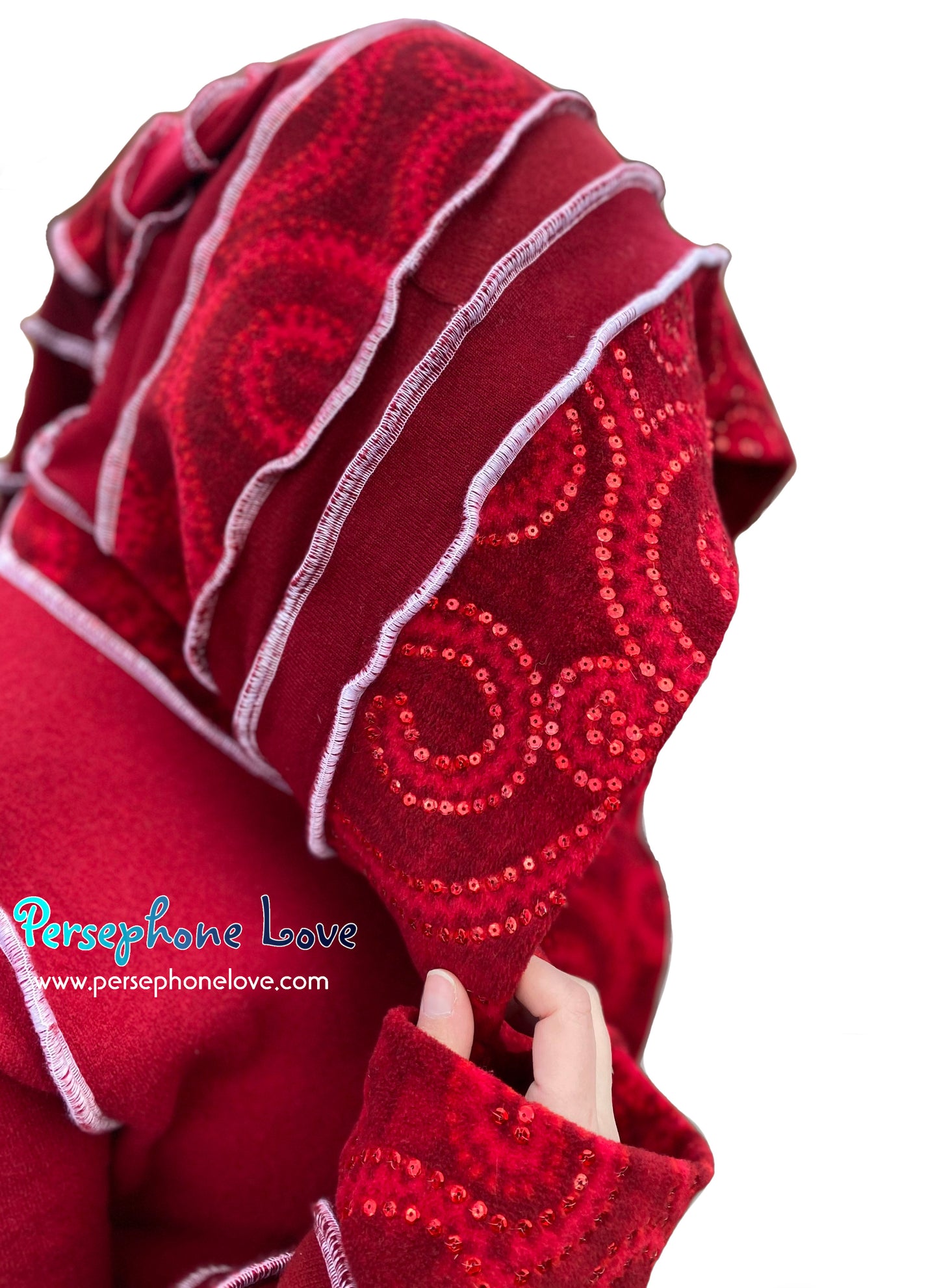 "Stay" Maroon red swirl pattern felted wool/cashmere patchwork Katwise-inspired sweatercoat-2507