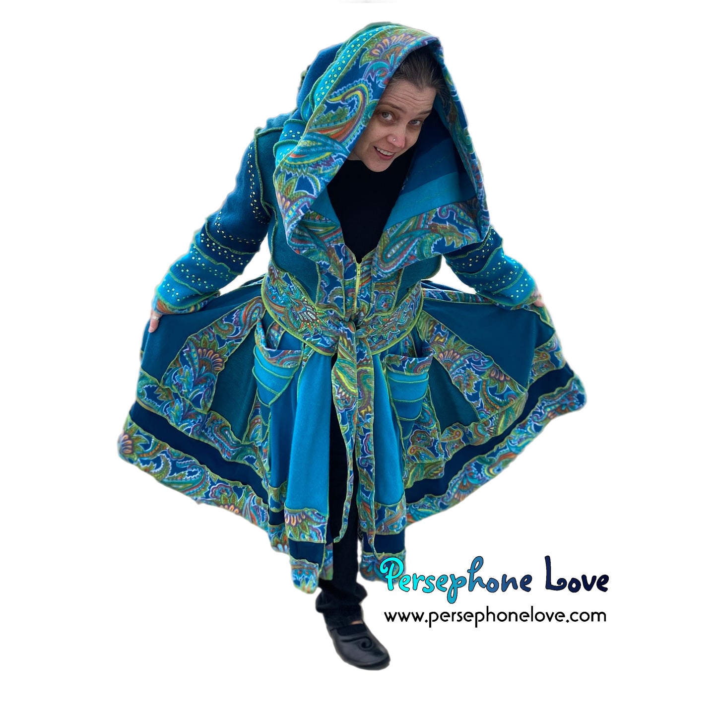 "Magic Dance" Teal Green Paisley felted cashmere/fleece Katwise-inspired sequin sweatercoat-2530 "Magic Dance"