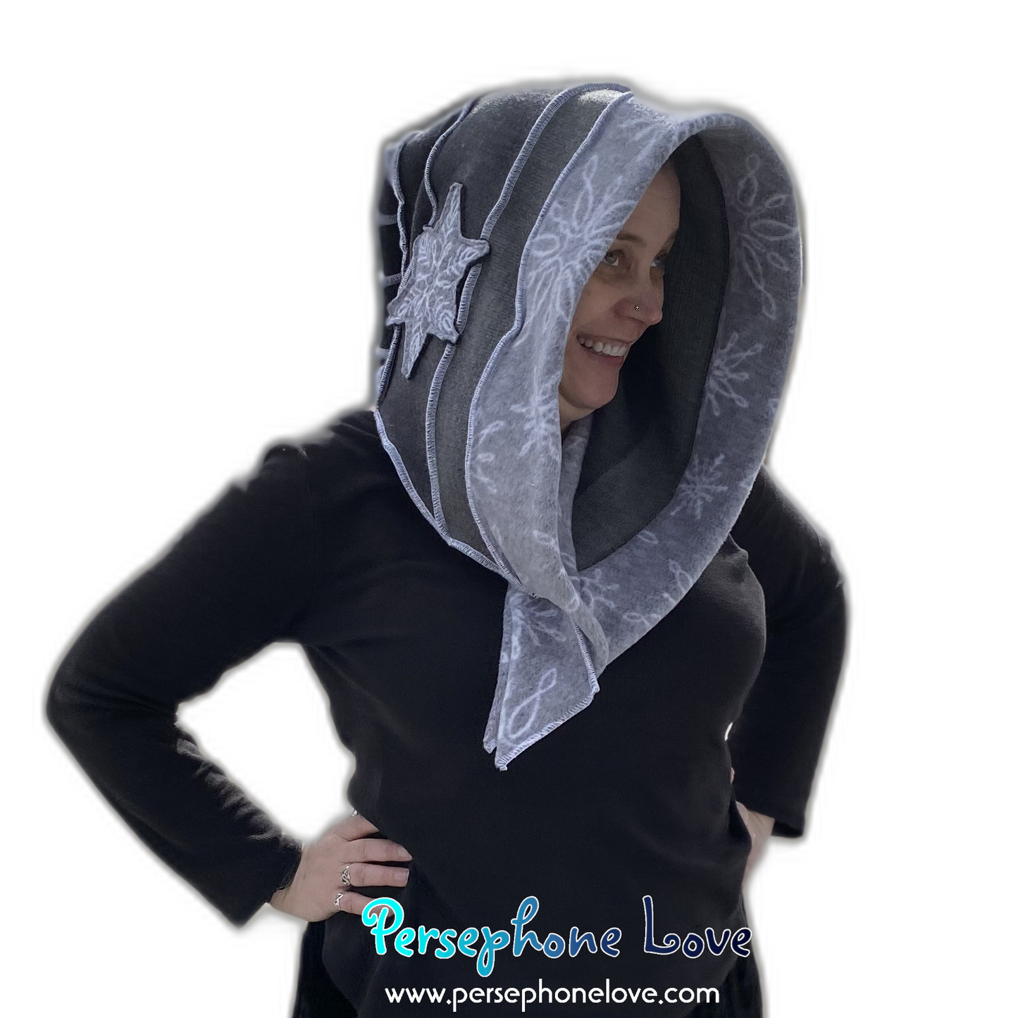 Katwise inspired grey felted 100% cashmere recycled sweater elf hat/hood-1541