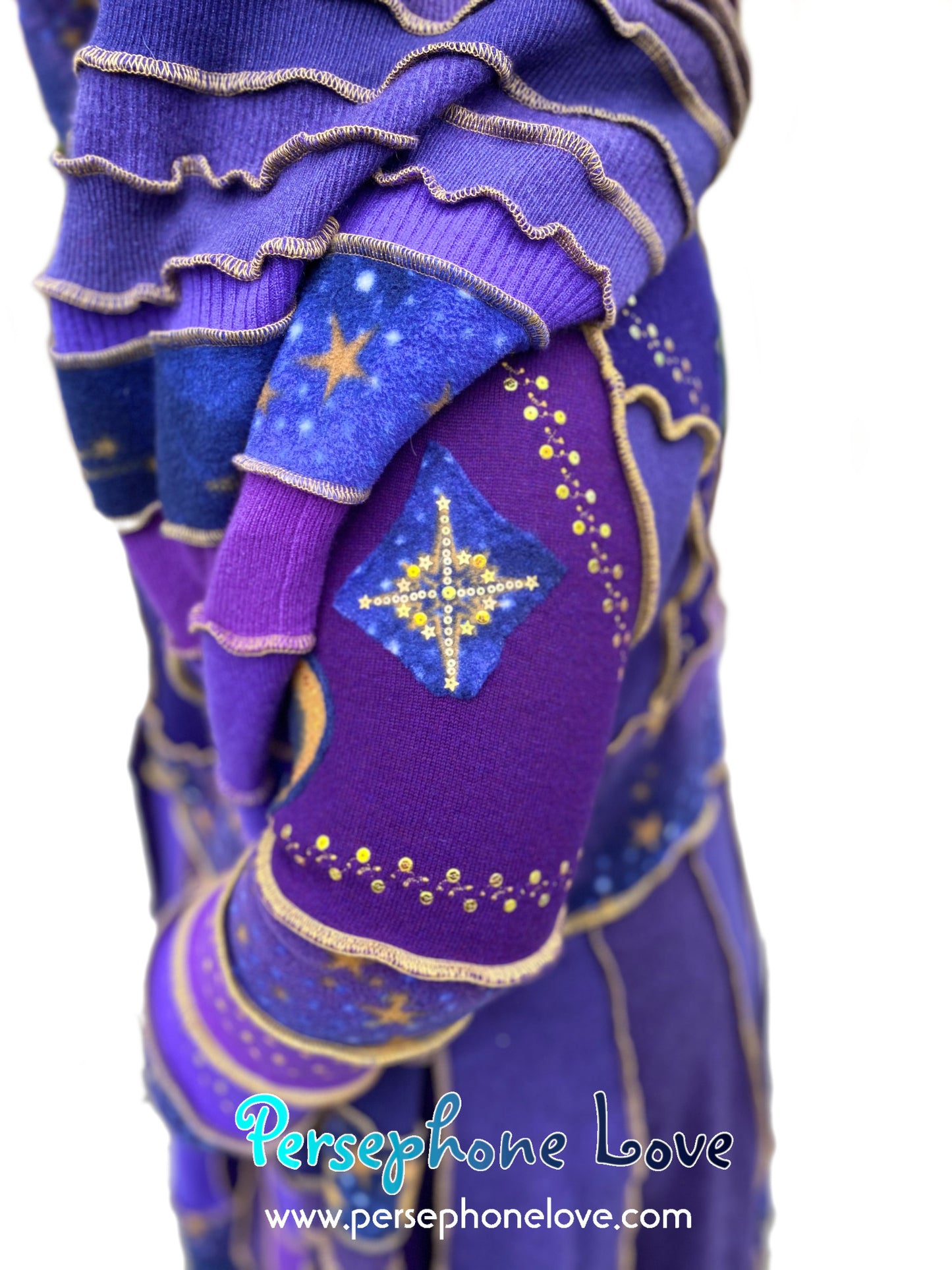 "Everything At Your Feet" GODDESS SIZE Purple Celestial embroidered/felted/sequins cashmere patchwork Katwise-inspired sweatercoat-2537