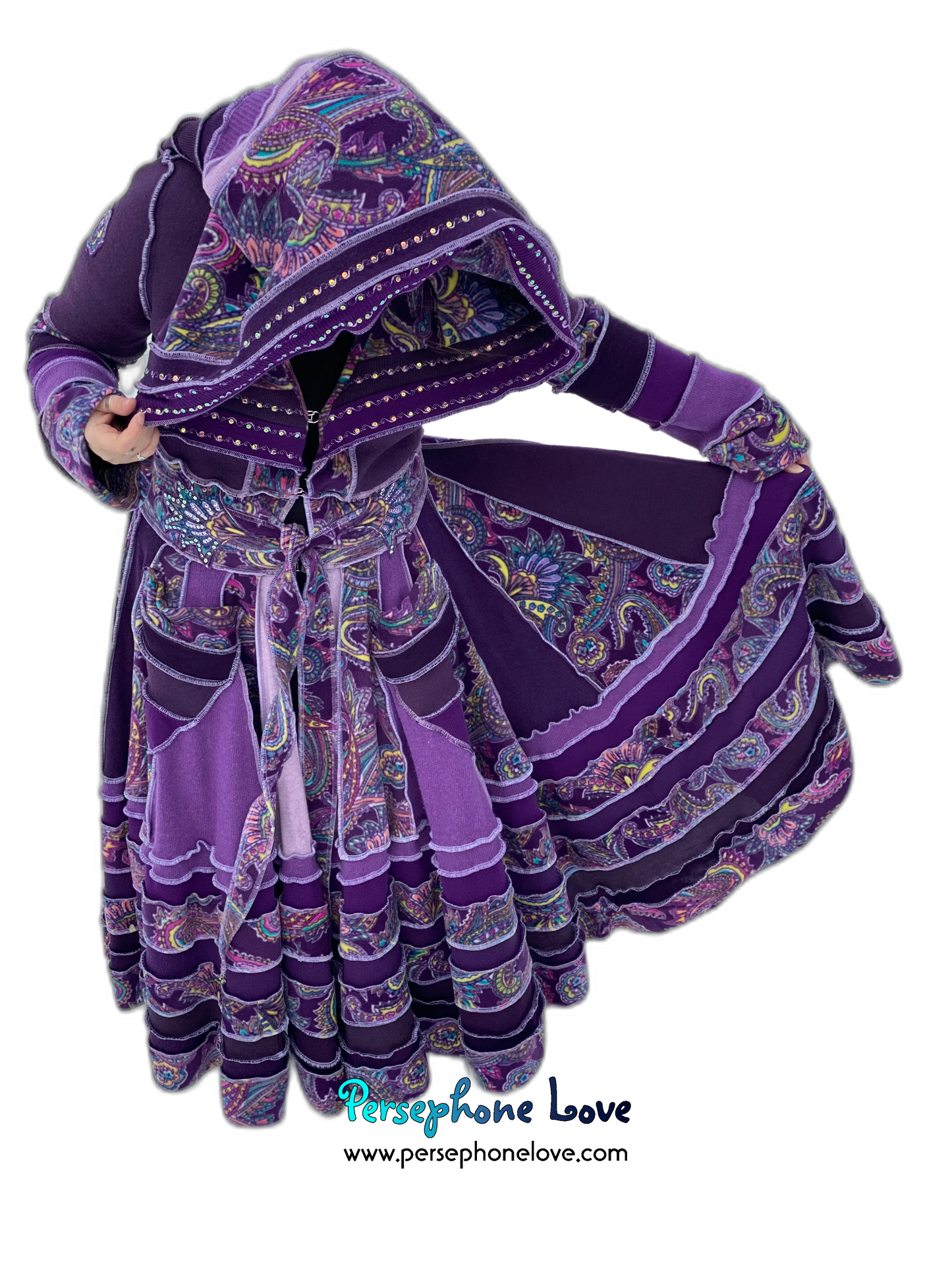 "Up All Night" Purple Paisley needle-felted wool/cashmere Katwise-inspired patchwork elf sweatercoat-2513