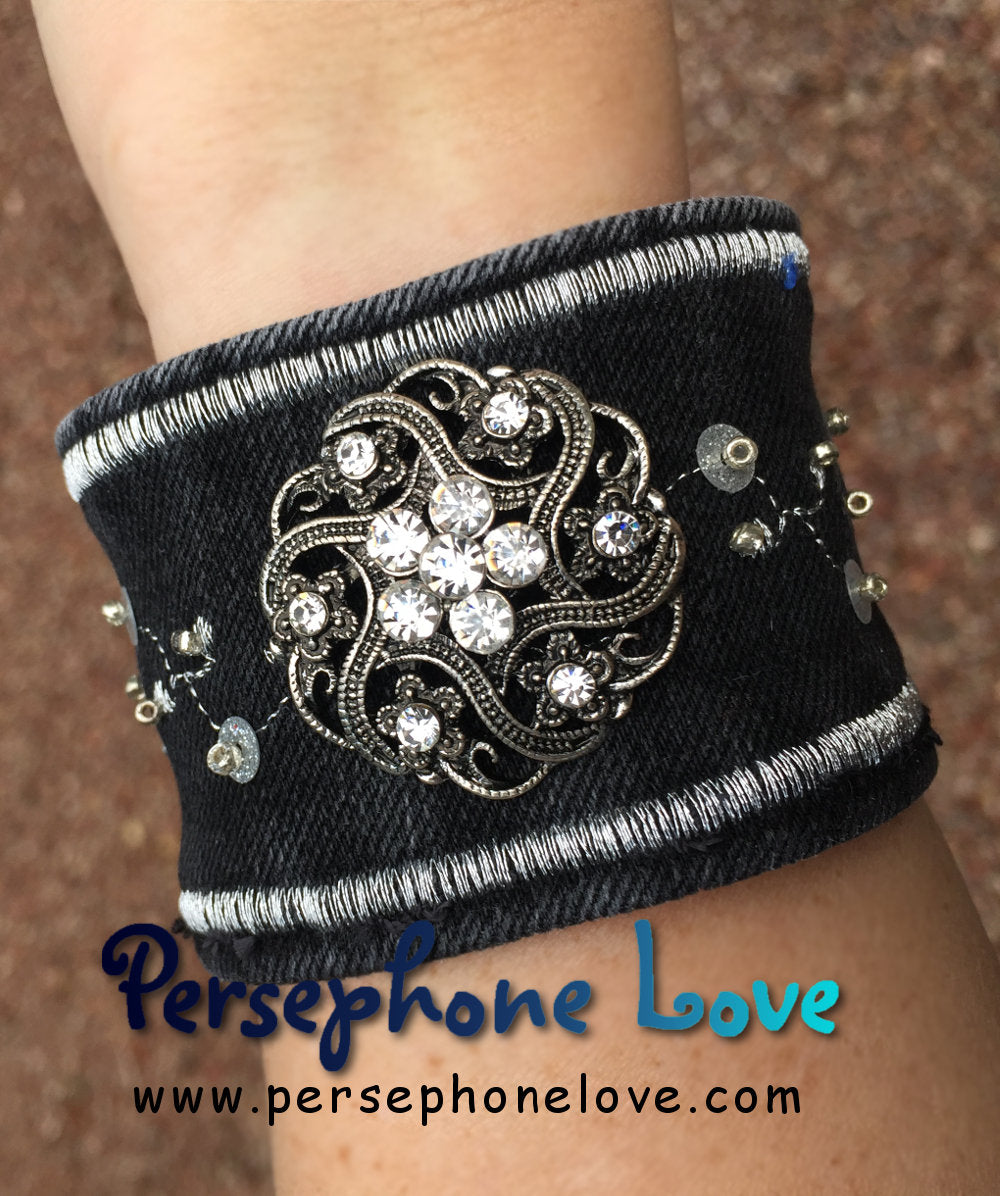 Black silver embroidered upcycled Gothic denim bracelet-1104