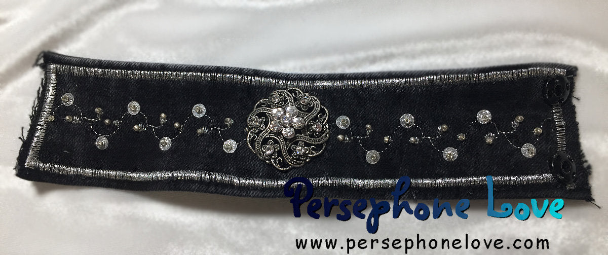 Black silver embroidered upcycled Gothic denim bracelet-1104