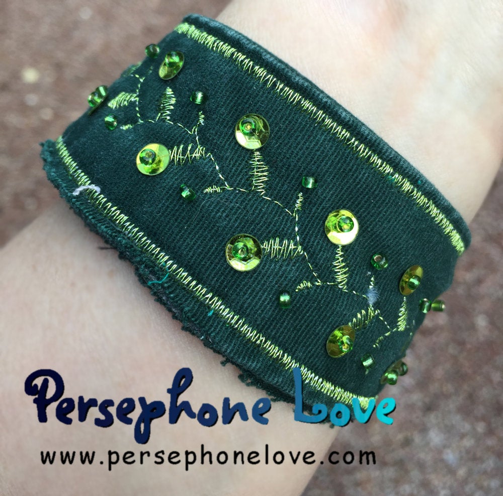 Green metallic embroidered upcycled denim bracelet-1126