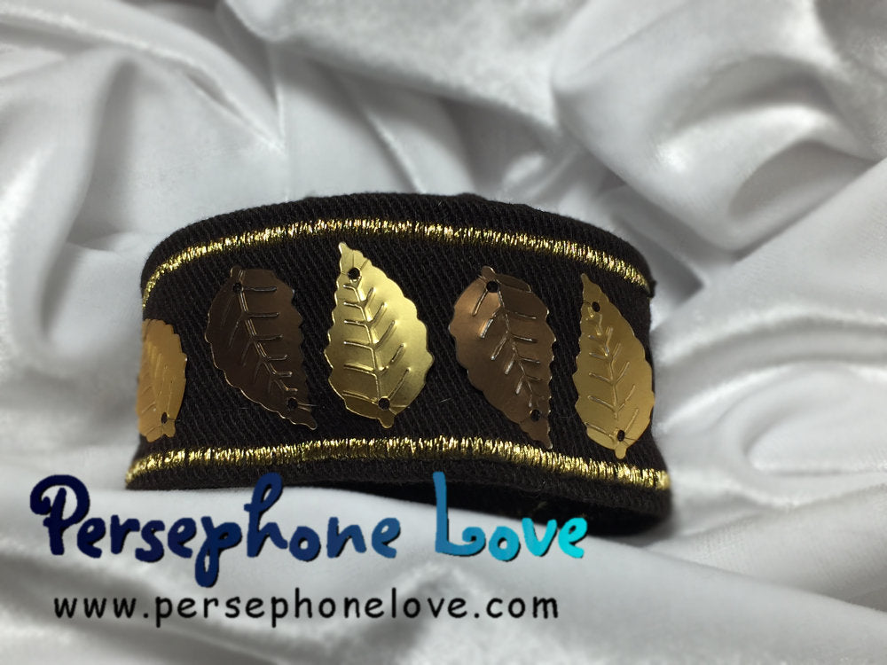 TWO Brown gold metallic embroidered upcycled leaf motif denim cuff bracelets