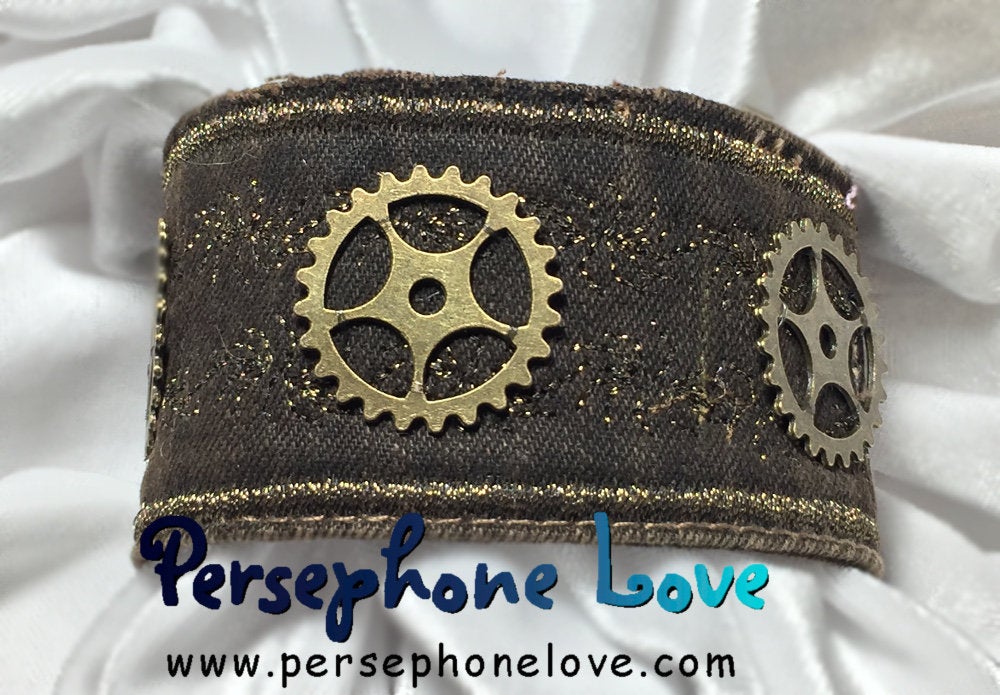 Brown antique gold metallic embroidered steampunk gear upcycled denim bracelet-1145