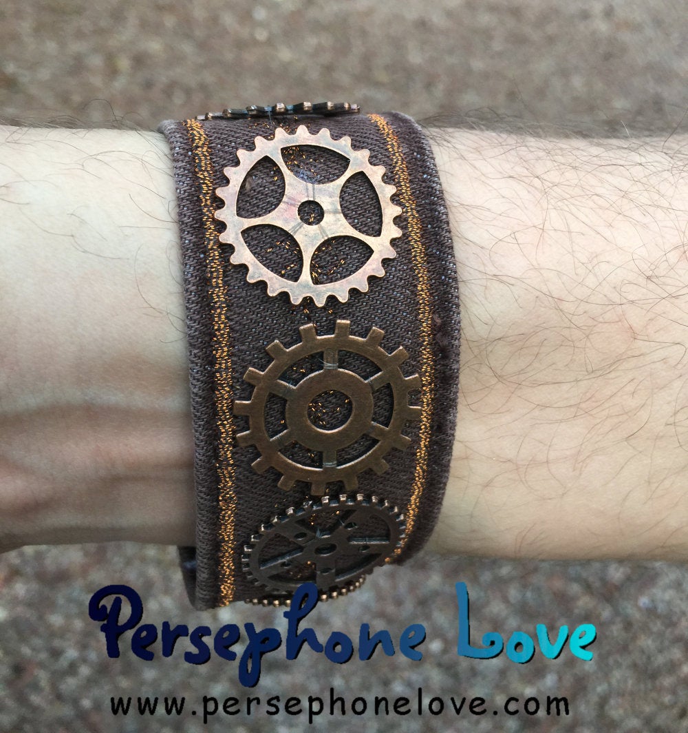 Brown copper metallic embroidered steampunk gear upcycled denim bracelet-1152