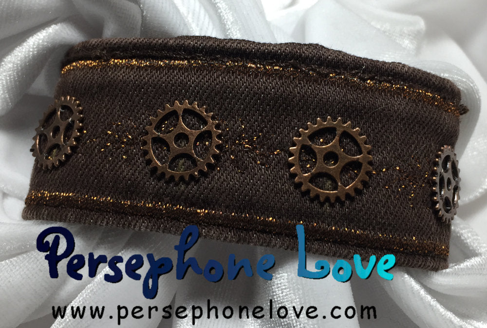 Brown copper metallic embroidered steampunk gear upcycled denim bracelet-1166