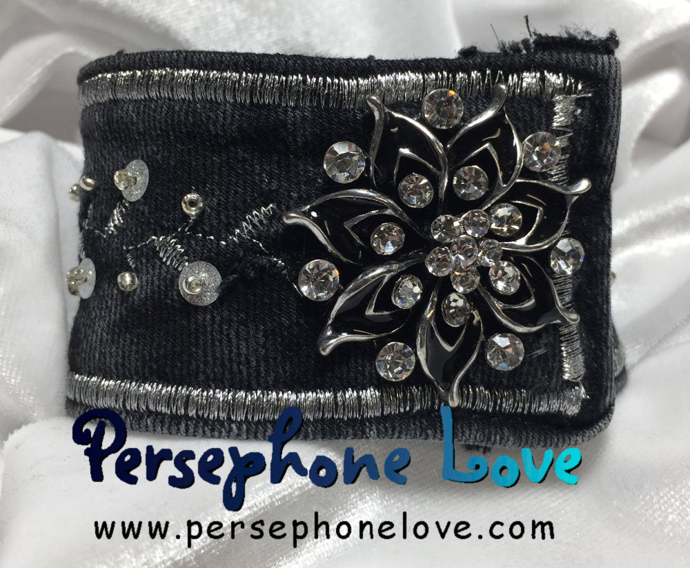 Black silver embroidered upcycled Gothic denim rhinestone bracelet-1108