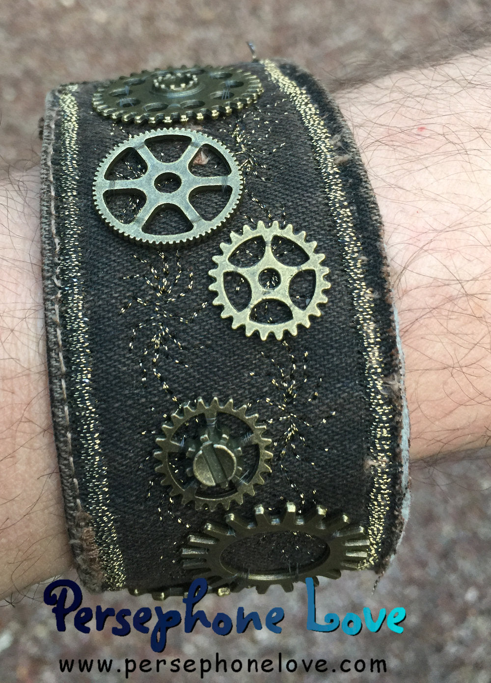 Brown antique gold metallic embroidered steampunk gear upcycled denim bracelet-1114