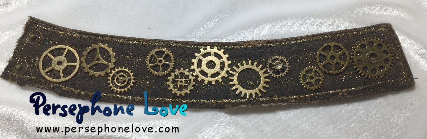 Brown antique gold metallic embroidered steampunk gear upcycled denim bracelet-1114