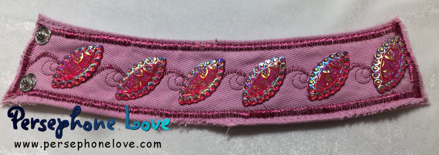 Pink embroidered beaded upcycled denim bracelet-1141
