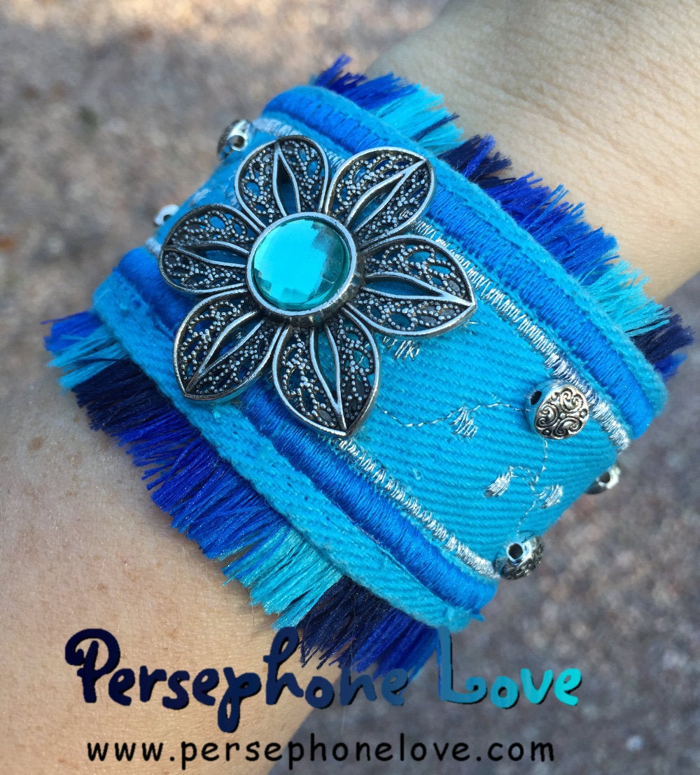 Blue embroidered beaded upcycled denim bracelet-1153