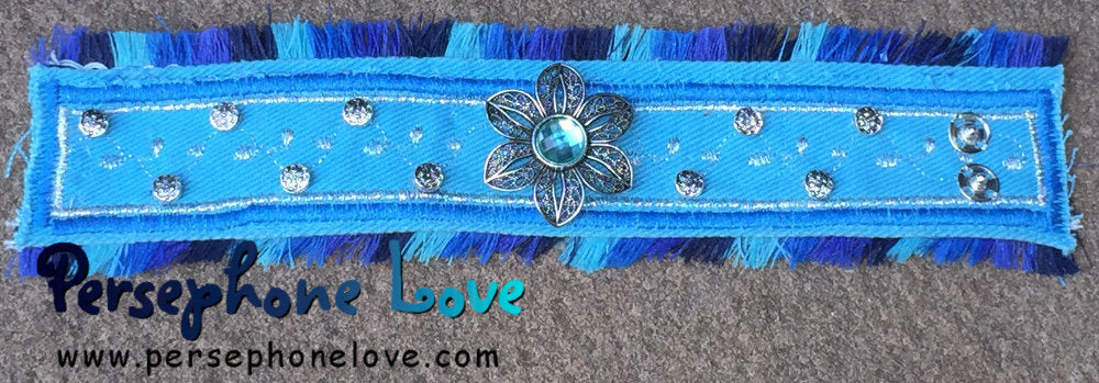 Blue embroidered beaded upcycled denim bracelet-1153