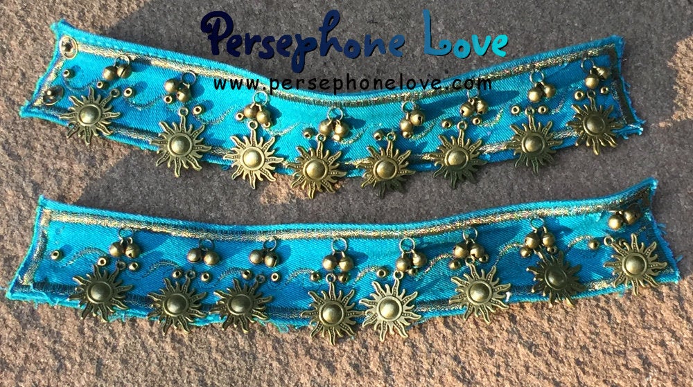 TWO Blue/gold embroidered celestial sun upcycled denim bellydance anklets-1156
