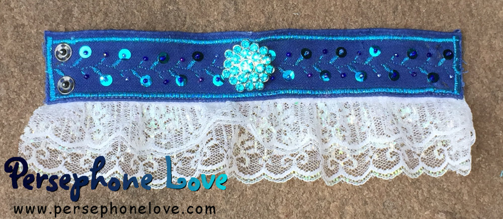 Blue embroidered beaded upcycled denim lace bracelet-1143