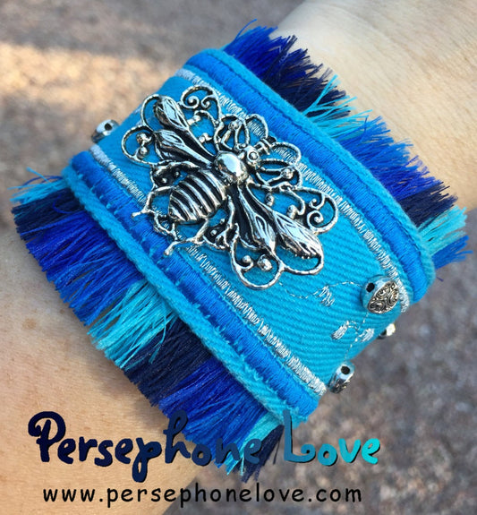 Blue silver embroidered beaded upcycled denim bracelet honeybee charm fringe-1163