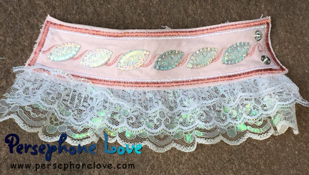 Peach embroidered beaded upcycled denim lace bracelet rococo jewelry-1155