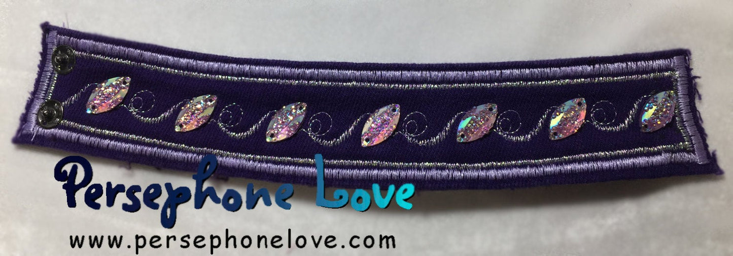 Purple, lavender and iridescent white/silver embroidered upcycled denim bracelet-1122
