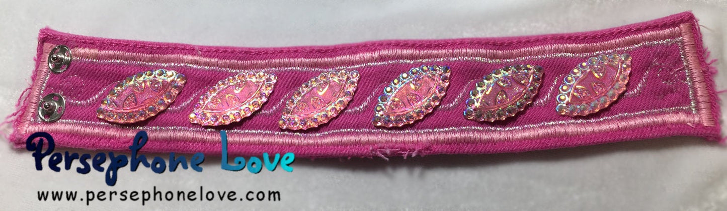 Pink embroidered beaded upcycled denim bracelet-1123
