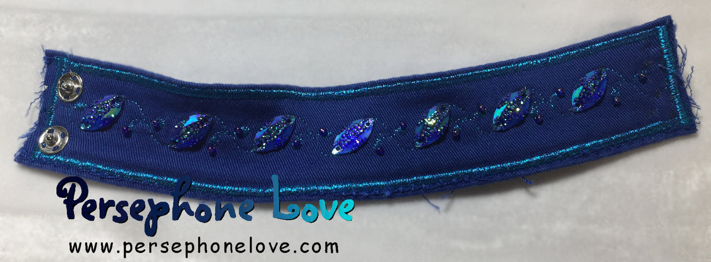 Blue turquoise embroidered upcycled denim bracelet-1101
