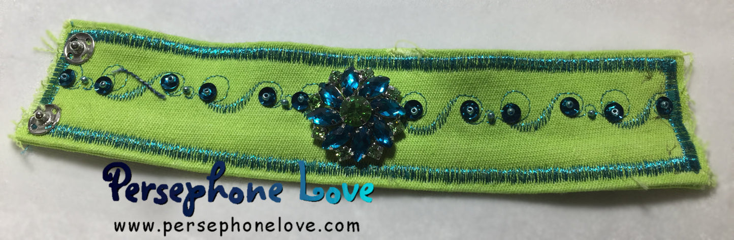 Lime green teal embroidered upcycled denim bracelet rhinestone - SMALL-1125