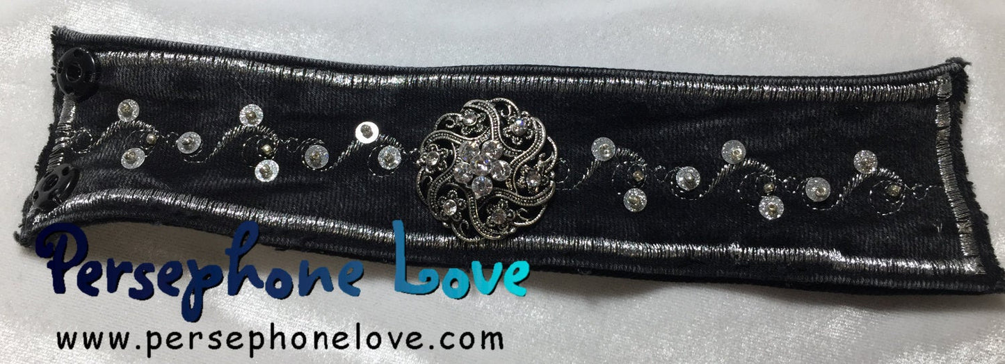 Black silver embroidered upcycled Gothic denim bracelet-1129