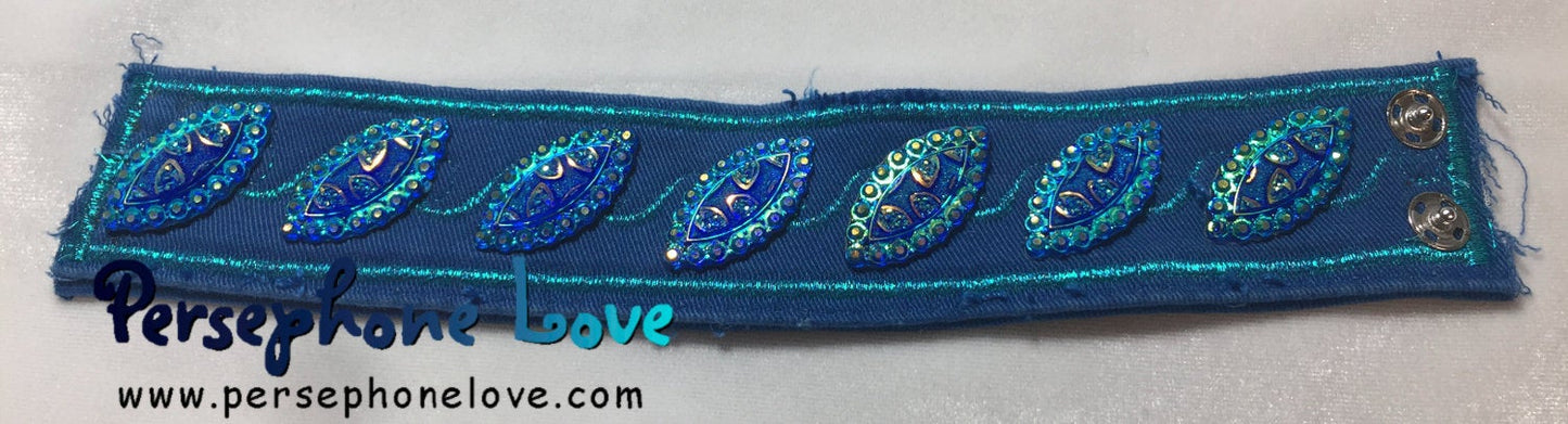 Blue turquoise embroidered upcycled denim bracelet-1102