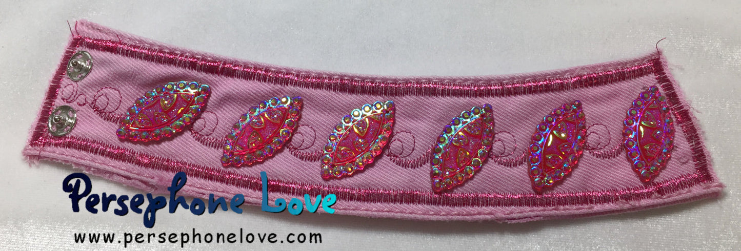 Pink embroidered beaded upcycled denim bracelet-1118