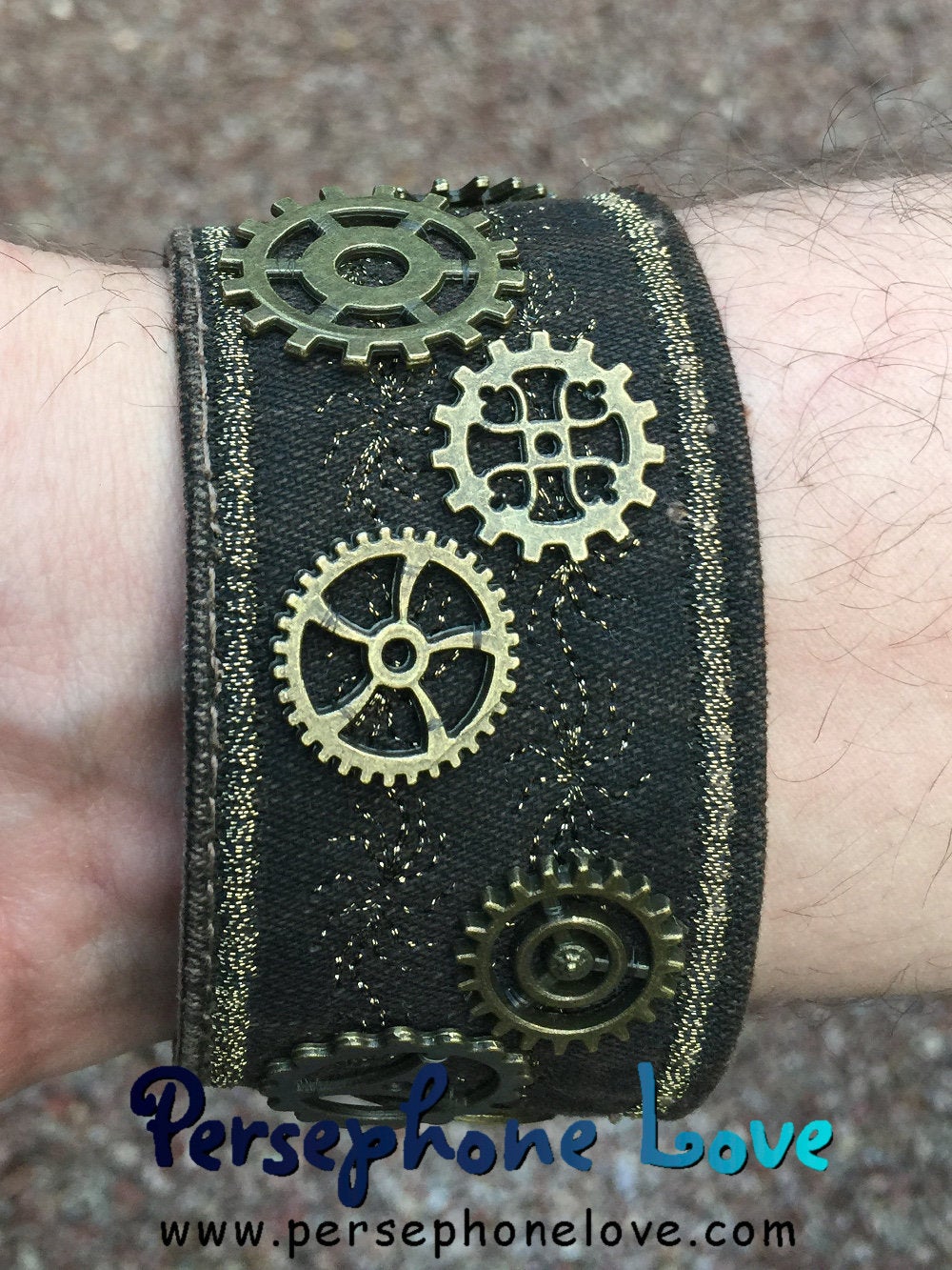 Brown antique gold metallic embroidered steampunk gear upcycled denim bracelet-1114