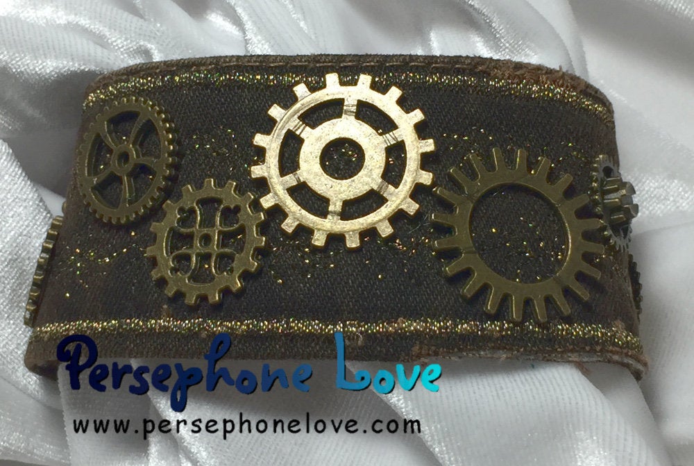 Brown antique gold metallic embroidered steampunk gear upcycled denim bracelet-1114