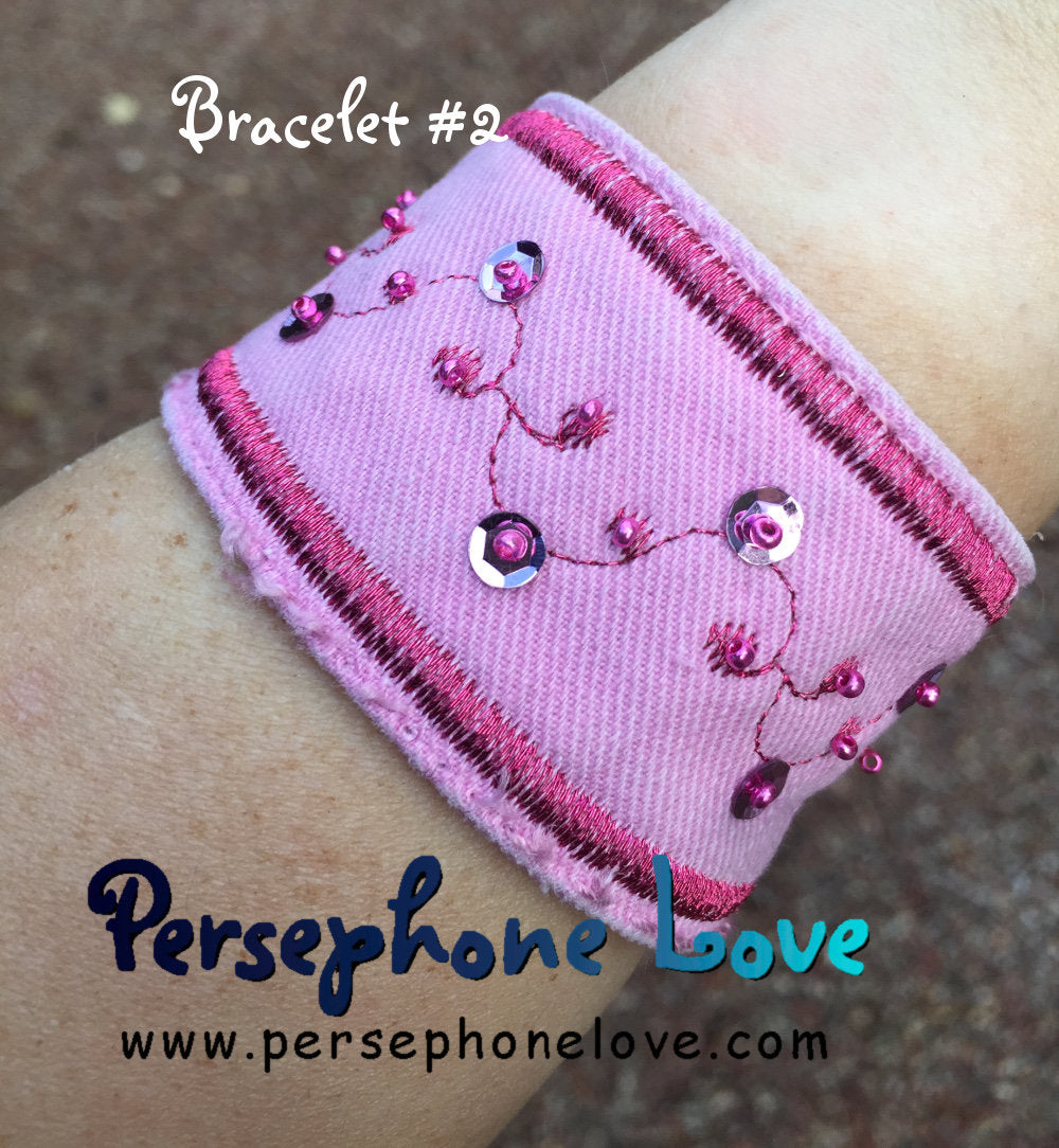TWO Pink embroidered beaded upcycled denim bracelets
