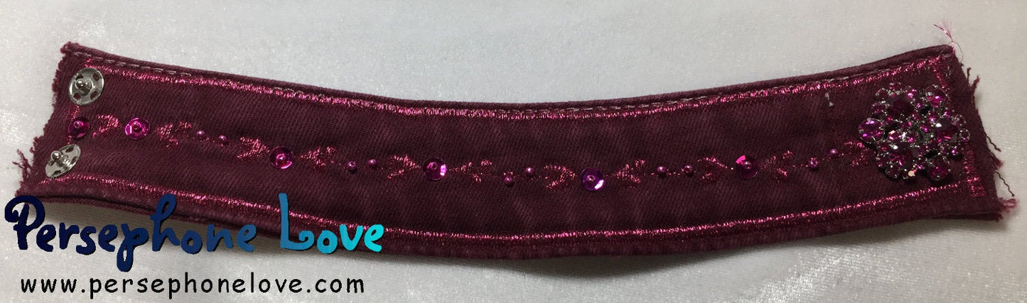 Magenta pink embroidered upcycled denim jean bracelet rhinestone-1127