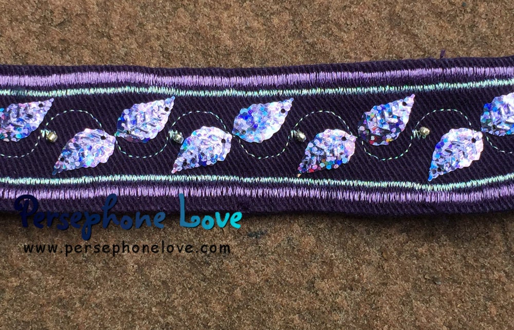 Purple embroidered/beaded purple sequin upcycled denim bracelet-1170