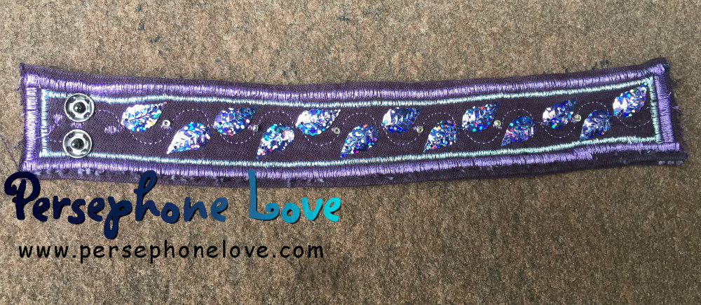 Purple embroidered/beaded purple sequin upcycled denim bracelet-1172